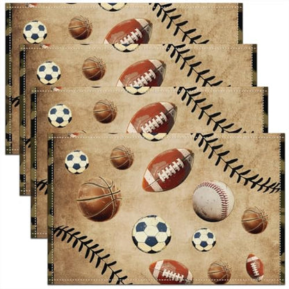 Erosebridal Set of 4 Balls Placemats 12X18 Inch,Retro Sports Theme Place Mats for Boys Youth Teens Children,Football Basketball Baseball Game Gaming Leaves Waterproof Placemats for Kitchen Table - color: Black White Brown