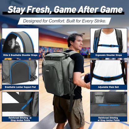 2-Ball Bowling Backpack with Shoe Storage – Heavy Duty Padded Travel Bag - color: DK Grey