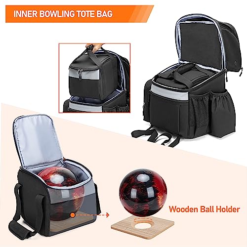 Goburos Bowling Backpack with Inner Tote Bag, Ball Bag with Wooden Holder and Shoe Compartment, Fits US Mens Size 16 Shoes, Black