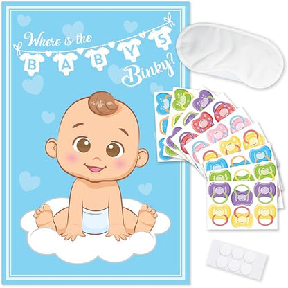 Party Hearty Pin the Pacifier on the Baby, Baby Shower Game - Blue Boy | 1 Large Poster, 56 Colorful Binky Stickers, 1 Blindfold & Double-Sided Tape - color: Boy Blue - Pin the Binky