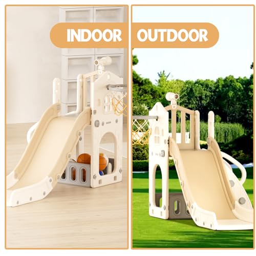 YUFU 5 in 1 Toddler Slide, Kids Slide with Climber, Basketball Hoop and Ball, Outdoor Indoor Playset for Toddlers Age 1-3 (Beige+Coffee) - color: Beige+coffee