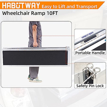 HABUTWAY 10ft Wheelchair Ramp, Portable Wheelchair Ramp with Support Legs, Double Non-Skid Ramps Hold Up to 800Lbs, Threshold Ramps for Home,Stairs, Curbs,Steps,Doorway - size: 10 FT Using height 10-30"