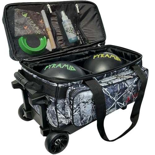 Pyramid Deluxe Double Roller 2 Ball Bowling Bag with Large Separate Shoe Compartment (Up To 2 Pairs Of Shoes) and Accessory Pockets, Sturdy Square Handle - Extends to 40" - Pro Options Available - color: Pro Barbed Wire
