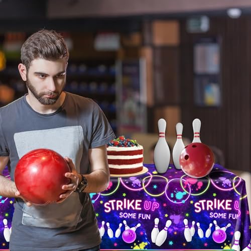 Bowling Birthday Supplies Tablecloth 3Pcs Let's Strike Up Some Fun Bowling Party Decorations Rainbow Neon Glow Girls Birthday Party Favors Disposable Plastic Table Cover