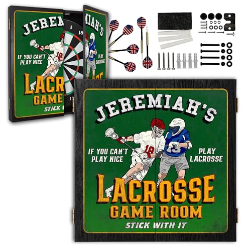 Personalized Dart Board Cabinet Set with 6 Steel Tip Darts, Paper Dartboard, Chalk & Eraser (21.5 x 21.5 x 2.75) - Man Cave Dart Boards for Adults - style: Lacrosse
