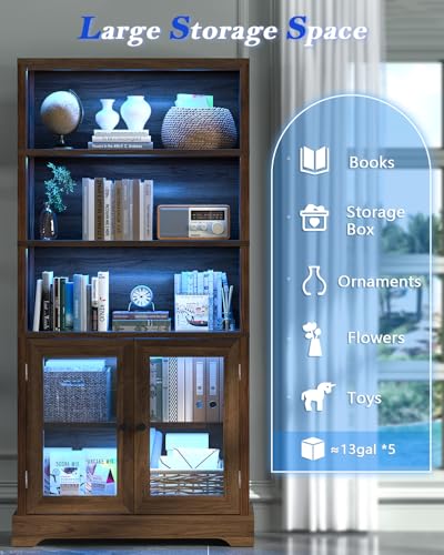 TVU 5-Tier Bookshelf, 65" Bookshelf with Multi-Color Ambient Lights (APP Remote Control), Tall Display Shelf with Cabinet Doors, Suitable for Living Room, Bedroom, Study, Office, Rustic Brown - color: Rustic Brown