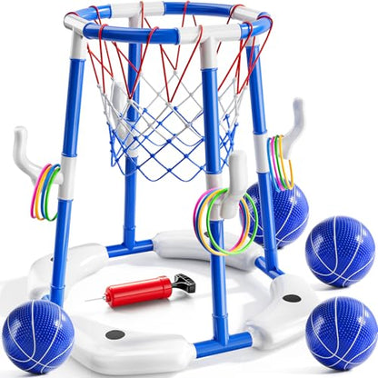 Sitodier Pool Basketball Hoop for Kids, 2-in-1 Floating Pool Water Play Toys and Ring Game with 4 Balls and Pump, Outdoor Summer Swimming Pool Basketball Games Family Party for Kids Adults (Blue)