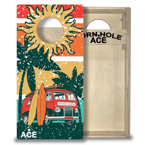 CornholeAce Tailgate Size Cornhole Boards - Regulation 6 inch Hole - Measures 32 inches by 16 inches - Perfect for Travel, Vacations, Beaches, Tailgating, Picnics or Camping - color: Beach Van