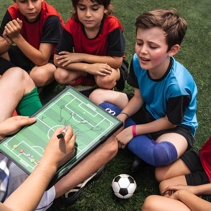 WISYOK Leather Covered Magnetic Soccer Lineup Board, Foldable and Portable Clipboard for Coaches with 48 Cards, 2 Markers, 4 Hooks and 1 Organizer Bag - style: Soccer Leather
