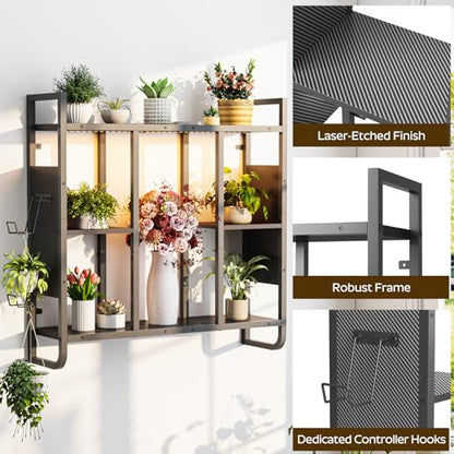 MAHANCRIS Gaming Floating Shelves with LED Lights | 3-Tier Wall Mounted Shelf with 2 Controller Hooks, Black Hanging Display Rack for Gaming Room Decor Home Bar