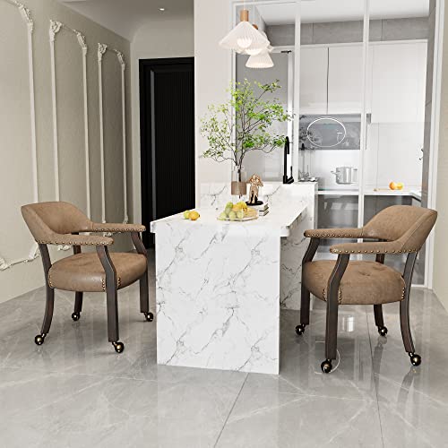 Set of 4 Dining Chair with Casters, Accent Captains Chairs with Wheels & Arms,Wheeled Roller Wood Chairs for Kitchen & Game Poker Table,Espresso&Light Wheat 318LT(NO Table!) - color: Espresso&light Wheat