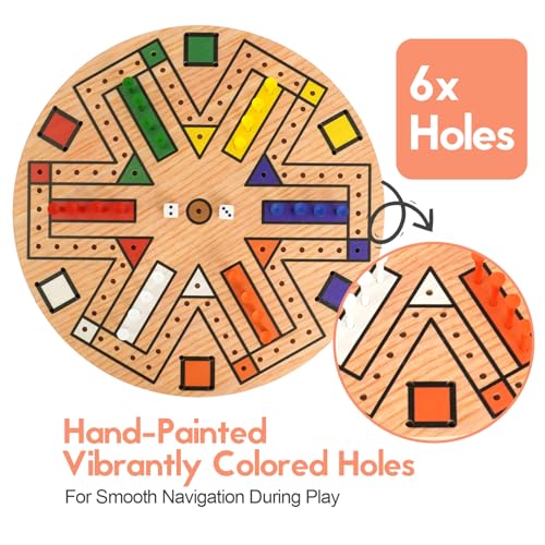 Wooden 3-6 Players Board Game Set with 48 Pieces and 4 Dice 13.7 Inch Painted Wooden Board Game for Adult Teen Family (6 Colors)