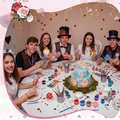 Saypacck 24 Pcs Wonderland Party Favors Wooden Painting Craft Kits Birthday Party Supplies with Organza Bag for Goodie Bags Fillers Adult Thank You Gifts - style: Wonderland
