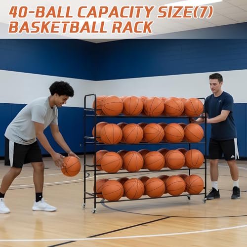 Colingmill Heavy Duty Basketball Rack with Wheels, Multi-tier Rolling Ball Storage Cart, Sports Equipment Organizer for School, Gym, Club Shoot Training(55 x 14 x 47 Inches,40 Balls)