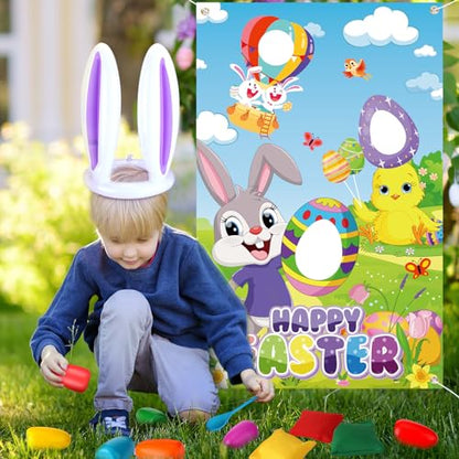 JellyArch 34 Pcs Easter Outdoor Toss Party Games Includes Potato Sack Race Jumping Bags Egg Spoon Race Inflatable Bunny Ring Toss Games Bean Bags Legged Race Bands Game Banner for Easter Hunt Party
