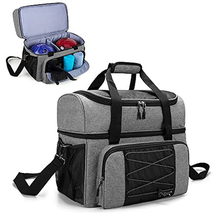 DSLEAF Bowling Bag for 2 Balls, Bowling Tote with Wooden Bowling Cups and Padded Divider for Double Ball and A Pair of Bowling Shoes Up to Mens 16 and Extra Essentials (Patent Design), Bag Only - color: grey
