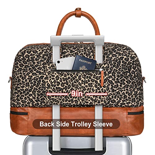 Weekender Bag for Women, Large Overnight Bag Canvas Travel Duffel Bag Carry On Tote with Shoe Compartment 21" 3Pcs Set - color: A02-brown+brown leopard