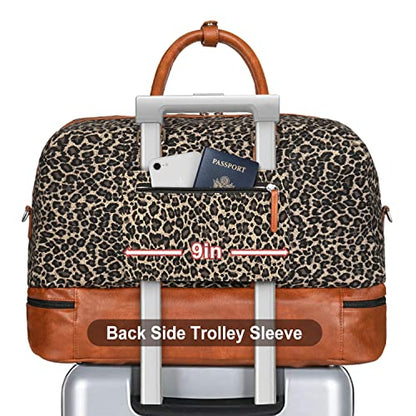 Weekender Bag for Women, Large Overnight Bag Canvas Travel Duffel Bag Carry On Tote with Shoe Compartment 21" 3Pcs Set - color: A02-brown+brown leopard