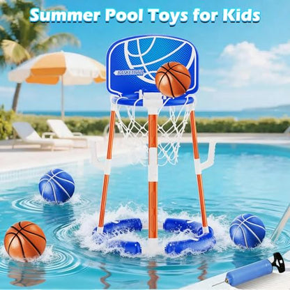 Pool Basketball Hoop with Backboard, Floating Pool Toys for 3-12 Years Old Kids Ring Game with 4 Balls 8 Rings & Pump Outdoor Swimming Pool Basketball Games Water Play Toy Family Party for Kids Adults - style: Blue with Backboard