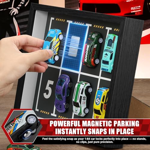 JupDec Magnetic 1:64 Diecast Display Frame, Clear Acrylic Model Car Shadow Box with Parking Layout Mat for Matchbox Hot Wheel, Dustproof Wall Mount or Tabletop Display Box, Ideal Gift for Collectors - size: 1 Pack