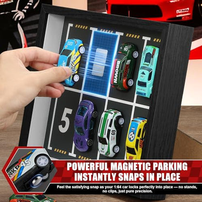 JupDec Magnetic 1:64 Diecast Display Frame, Clear Acrylic Model Car Shadow Box with Parking Layout Mat for Matchbox Hot Wheel, Dustproof Wall Mount or Tabletop Display Box, Ideal Gift for Collectors - size: 1 Pack
