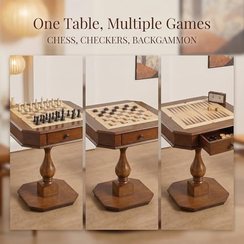 Chess Table, Reversible Chess Checker Game Table with 2 Drawers for Family Entertainment Room, 3-in-1 Square Game Tray for Chess Checker Backgammon, Cherry Finish - size: 28''-Chess Table Cherry Wood