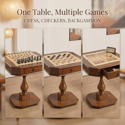 Chess Table, Reversible Chess Checker Game Table with 2 Drawers for Family Entertainment Room, 3-in-1 Square Game Tray for Chess Checker Backgammon, Cherry Finish - size: 28''-Chess Table Cherry Wood