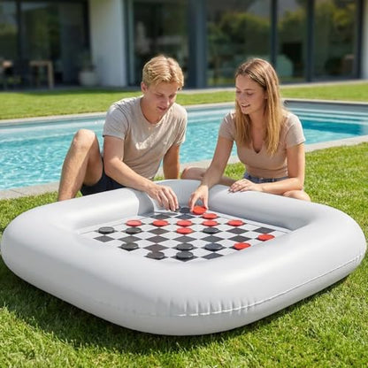 3-in-1 Pool Games Set Inflatable Giant Tic Tac Toe Checkers Board Game with 24 Chips 3.48Ft Double-Sided Foldable Float Water Toys Outdoor Play for Summer Swimming Pool Family Reunion Party
