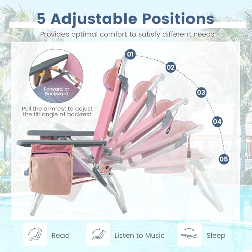 Tangkula Set of 2 Backpack Beach Chair, 5-Position Lay Flat Beach Chairs with Cooler Bag, 2 Cup Holders, Towel Bar, Lightweight Folding Beach Chair with Backpack Straps - color: Pink, style: 2 Pack