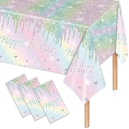 Kesfey 3 Packs Rainbow Birthday Plastic Tablecloths 54×108 Inch Silver Rainbow Tie Dye Party Table Cloth Disposable Waterproof Pastel Silver Sprinkle Glitter Table Cover for Birthdays Party - color: Rainbow Birthday