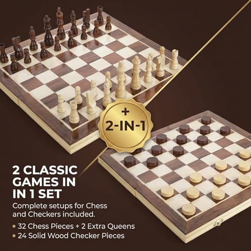Wooden Magnetic Chess Set & Checkers Board Game, 15” Foldable Chess Board | Solid Wood 2-in-1 Board Game for Adults with Storage Box, 2 Extra Queens, Portable Travel Chess Set for Kids & Beginners - size: Large (15" x 15")