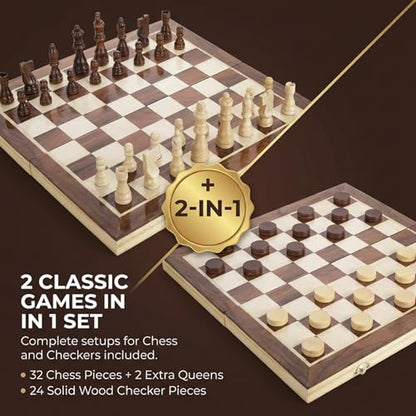 Wooden Magnetic Chess Set & Checkers Board Game, 15” Foldable Chess Board | Solid Wood 2-in-1 Board Game for Adults with Storage Box, 2 Extra Queens, Portable Travel Chess Set for Kids & Beginners - size: Large (15" x 15")