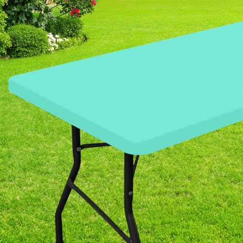 Smiry Rectangle Picnic Table Cloth, Waterproof Elastic Fitted Tablecloths for 4 Foot Tables, Washable Polyester Table Cover for Camping, Indoor and Outdoor (Aqua, 24"x48") - color: Aqua, size: 48" X 24" (Rectangular)