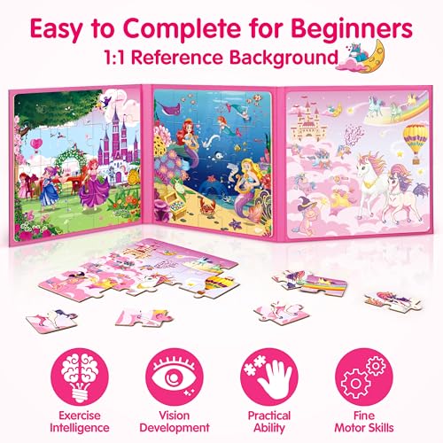 SYNARRY Unicorn Mermaid Princess Magnetic Puzzles for Toddlers 3-5 Girls, 20 Pieces Travel Puzzles for Kids Ages 4-6, Car Airplane Road Trip Activities Toys for 3 4 5 6 Year Old Girls Birthday Gifts - style: Princess Mermaid Unicorn