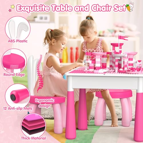 OCATO Kids Toddler Table and Chair Set: Water Table Activity Tables with 152Pcs Large Marble Run Building Blocks 2 Rabbit Chairs Storage All in One Play Sensory Sand Tables 3-6 Year Old Girl Toy Gift - color: Pink