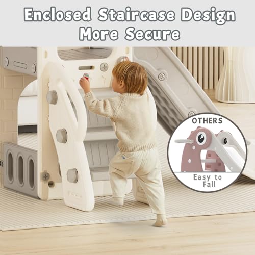 YUFU 5 in 1 Toddler Slide, Kids Slide with Climber, Basketball Hoop and Ball, Outdoor Indoor Playset for Toddlers Age 1-3 (Beige+Gray) - color: Beige+gray