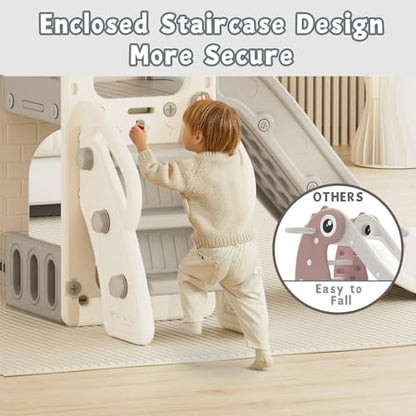 YUFU 5 in 1 Toddler Slide, Kids Slide with Climber, Basketball Hoop and Ball, Outdoor Indoor Playset for Toddlers Age 1-3 (Beige+Gray) - color: Beige+gray