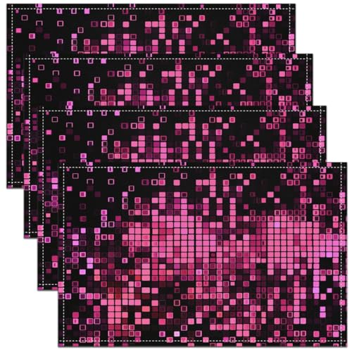 Erosebridal Pink and Black Pixelated Placemats - Checkered Geometric Abstract Art Place Mat Set of 4, Gaming Gamer Table Mats 12x18 Inch for Kids Girls, Plaid Neon Table Decor for Party Kitchen - color: Pink and Black