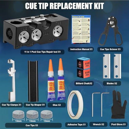 Billiards Pool Cue Tip Shaper, 11-in-1 Pool Stick Tips Replacement Kit, Billiards Accessories Tool, Table Accessories for Repair and Shaping Cue Tips (Aluminum)