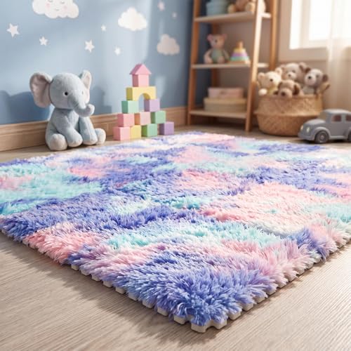 16 Pcs Hot Pink Purple Faux Fur Floor Tiles, 11.8 x 11.8 in Puzzle Girls Play Soft Tiles, 1.5 Inch Shaggy Square, EVA Foam Floor Mat for Nursery, Playroom, Bedroom, Toddler Room, Daycare - color: Hot Pink Purple