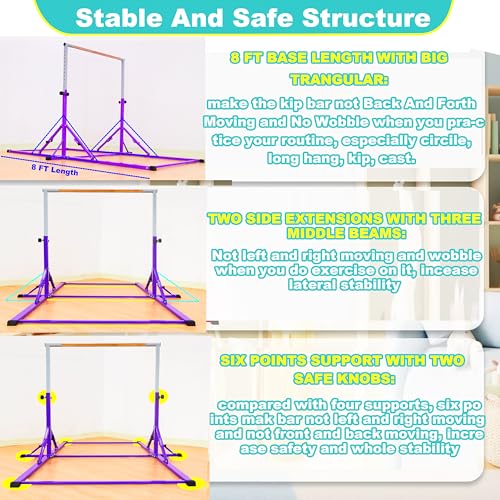 Marfula Gymnastic Bar For Kid and Teenage of 3-25, 5Ft/8 FT Base Length 4Ft Width 5Ft Adjust Height, Gymnastic Kip Bar For Gymnast, Gymnastic Training Equipment For Professional Training Home Club Use - color: Purple (Bar with Mat - 8 Ft Base)