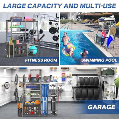 Heavy Duty Garage Sports Equipment Organizer, All-in-One Golf Bag Storage Rack & Multi-Sport Ball Holder for Basketballs, Bats & Kids Toys, Indoor/Outdoor Free Standing Gear Bin