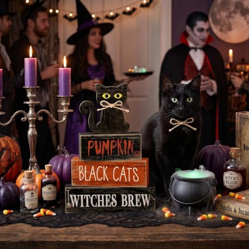 Lineshading 4 Pcs Halloween Table Decoration Black Cat Wooden Stacked Block, "Pumpkin Black Cats Witches Brew" Signs Spooky Halloween Tiered Tray Decor Rustic Gothic Centerpiece for Home Coffee Bar - style: Black Cat