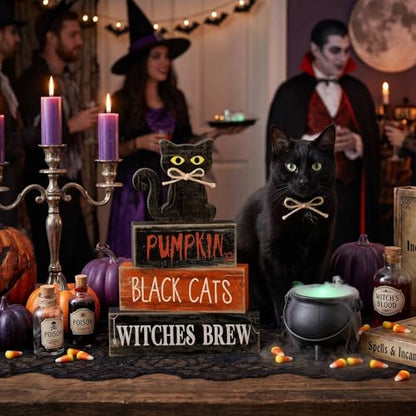 Lineshading 4 Pcs Halloween Table Decoration Black Cat Wooden Stacked Block, "Pumpkin Black Cats Witches Brew" Signs Spooky Halloween Tiered Tray Decor Rustic Gothic Centerpiece for Home Coffee Bar - style: Black Cat