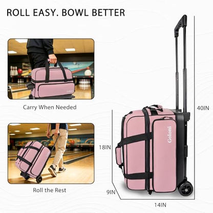 Goloni Double Roller 2 Ball Bowling Bag with Separate Shoe Compartment,2 Ball Bowling Bag with Wheels,Retractable Handle Extends to 40" - color: Meat pink
