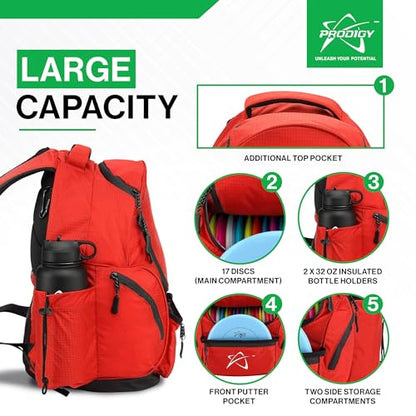 Prodigy Disc BP-3 V3 Disc Golf Backpack | Golf Bag with 20+ Disc Capacity | Large Disc Bag | Tear & Water Resistant - color: Red