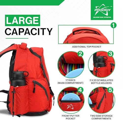 Prodigy Disc BP-3 V3 Disc Golf Backpack | Golf Bag with 20+ Disc Capacity | Large Disc Bag | Tear & Water Resistant - color: Red