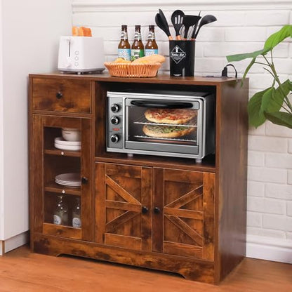 Storage Cabinet with Power Outlet, 35"" Modern Sideboard Buffet Cabinet w/Adjustable Shelf, Wooden Kitchen Cabinet with Open Shelves for Living Room, Dining Room, Kitchen, Brown, 1 PCS - color: Brown, style: Microwave Cabinet