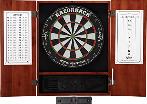 Viper Metropolitan Solid Wood Cabinet & Sisal/Bristle Dartboard Play-Ready Bundle: Elite Set (Razorback Dartboard, Darts and Laser Throw Line), Cinnamon Finish