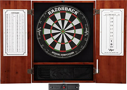 Viper Metropolitan Solid Wood Cabinet & Sisal/Bristle Dartboard Play-Ready Bundle: Elite Set (Razorback Dartboard, Darts and Laser Throw Line), Cinnamon Finish